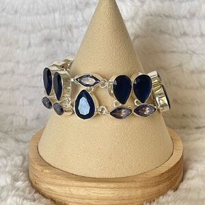 Faceted Handcrafted Sapphire Blue & Amethyst Acrylic Link Bracelet Silver Plated